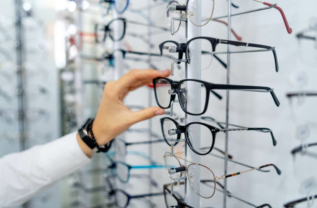 Display of various eyeglass frames showcasing a wide selection that can be fitted with blue light lenses.