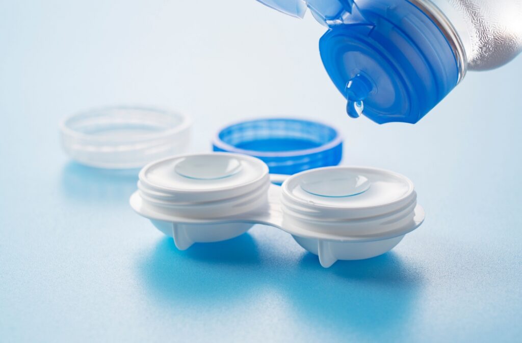 Contact lens solution being used to clean and store lenses.