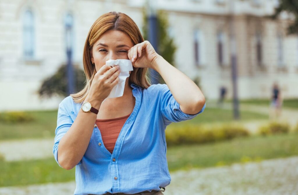 A person outdoors wiping their nose with a tissue while rubbing their eye, appearing to experience allergy symptoms or eye irritation.