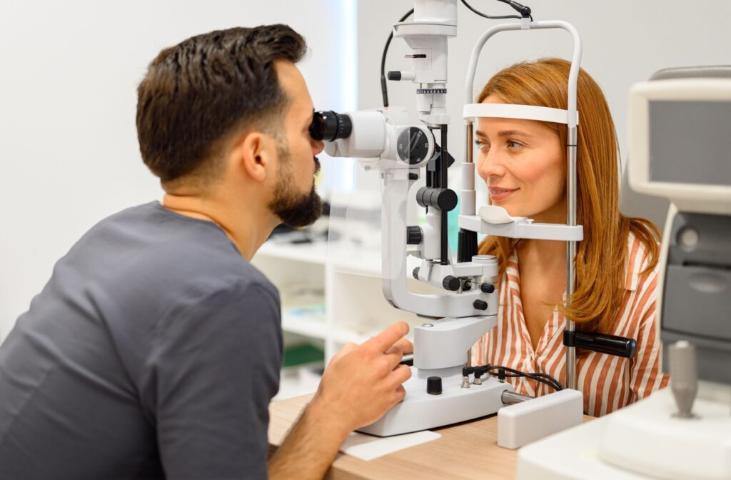 A person getting an eye test done during a routine eye exam