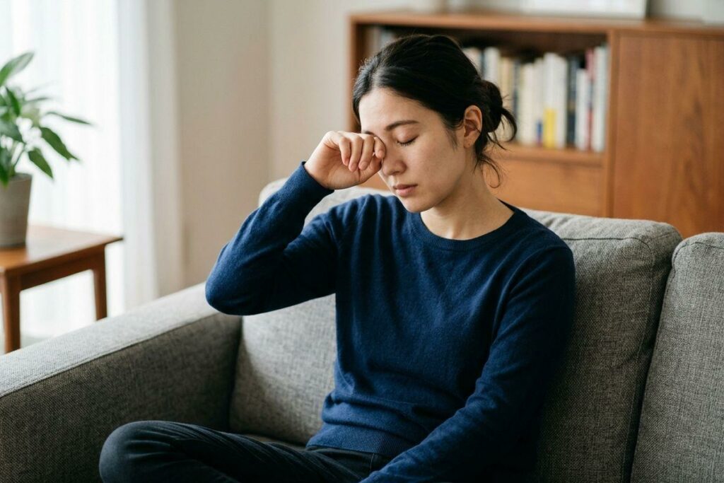 Adult sitting cross-legged on a grey sofa, rubbing one eye with fingers, eyes closed, in a home living room.