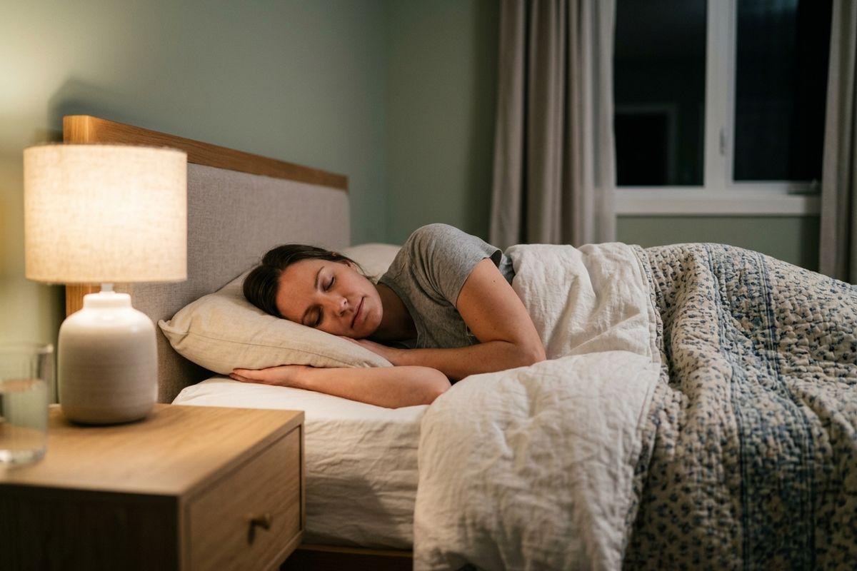Adult sleeping on their side in a bed, head resting on a pillow, covered with a quilt. A lit bedside lamp and nightstand are visible nearby.