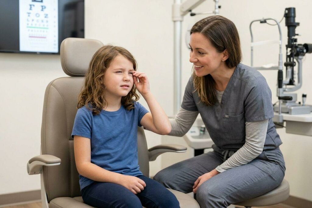 A child sits in an eye exam chair and rubs their eye while a smiling optometrist sits beside them.