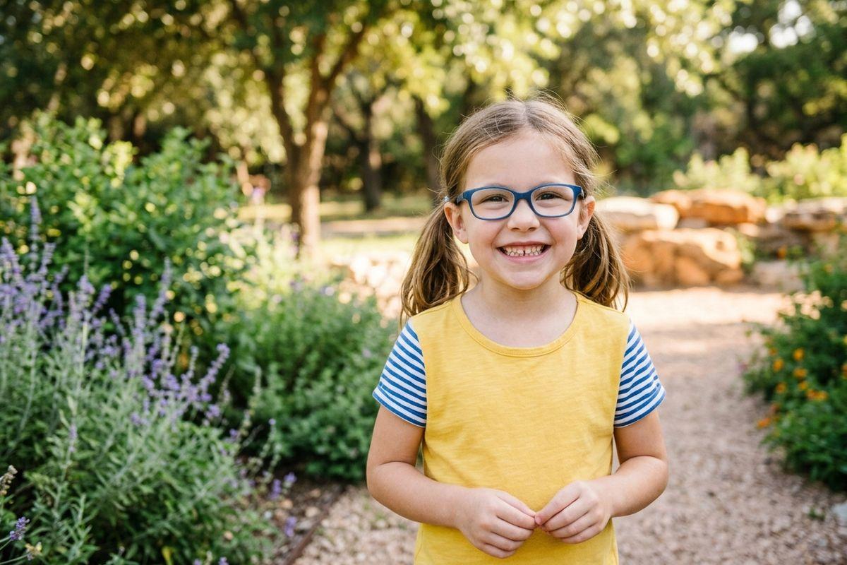 A smiling child with pigtails and blue glasses stands on a gravel path in a garden, wearing a yellow shirt with striped sleeves.