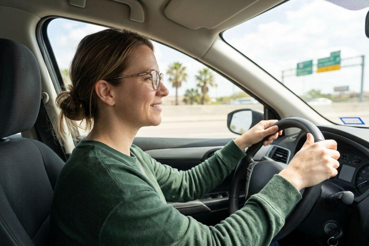 Adult wearing glasses smiling while driving a car on a highway, both hands on the steering wheel, palm trees visible outside.