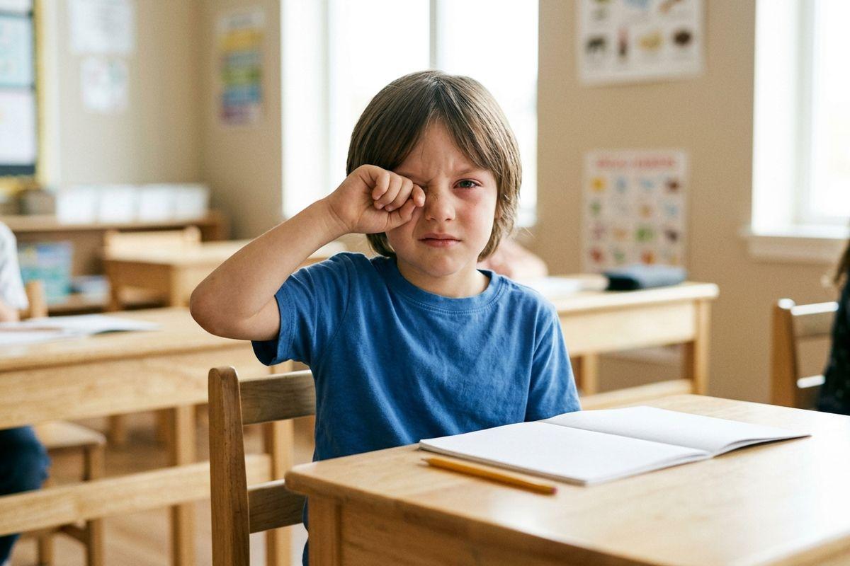 Child sitting at a wooden school desk rubbing one eye, looking upset, with an open notebook and pencil in front of them.