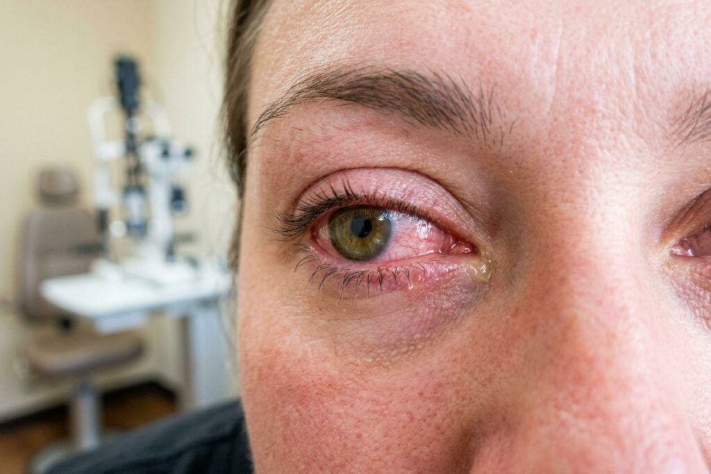 Close-up of an adult's red, irritated eye with visible blood vessels, in an eye clinic with a slit lamp visible in the background.