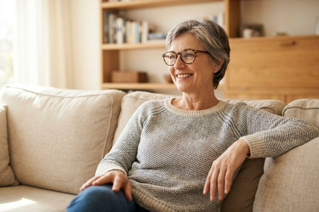 Older adult with short gray hair and glasses sitting relaxed on a beige sofa in a living room, smiling.