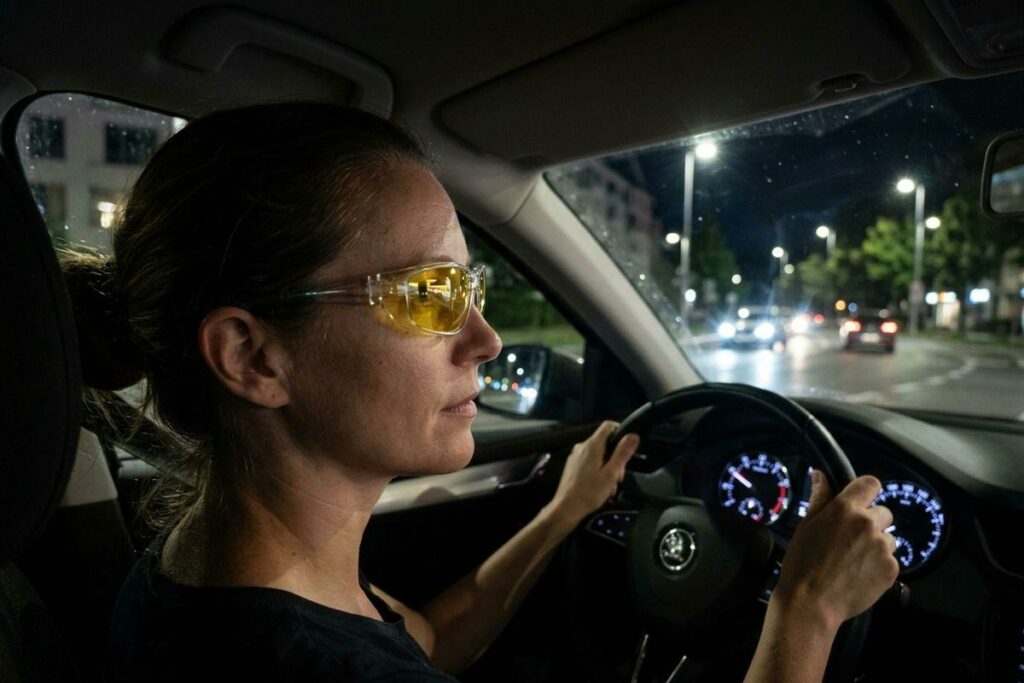 Adult wearing yellow-tinted glasses drives a car at night, hands on the steering wheel, on a street lit by streetlights and oncoming headlights.