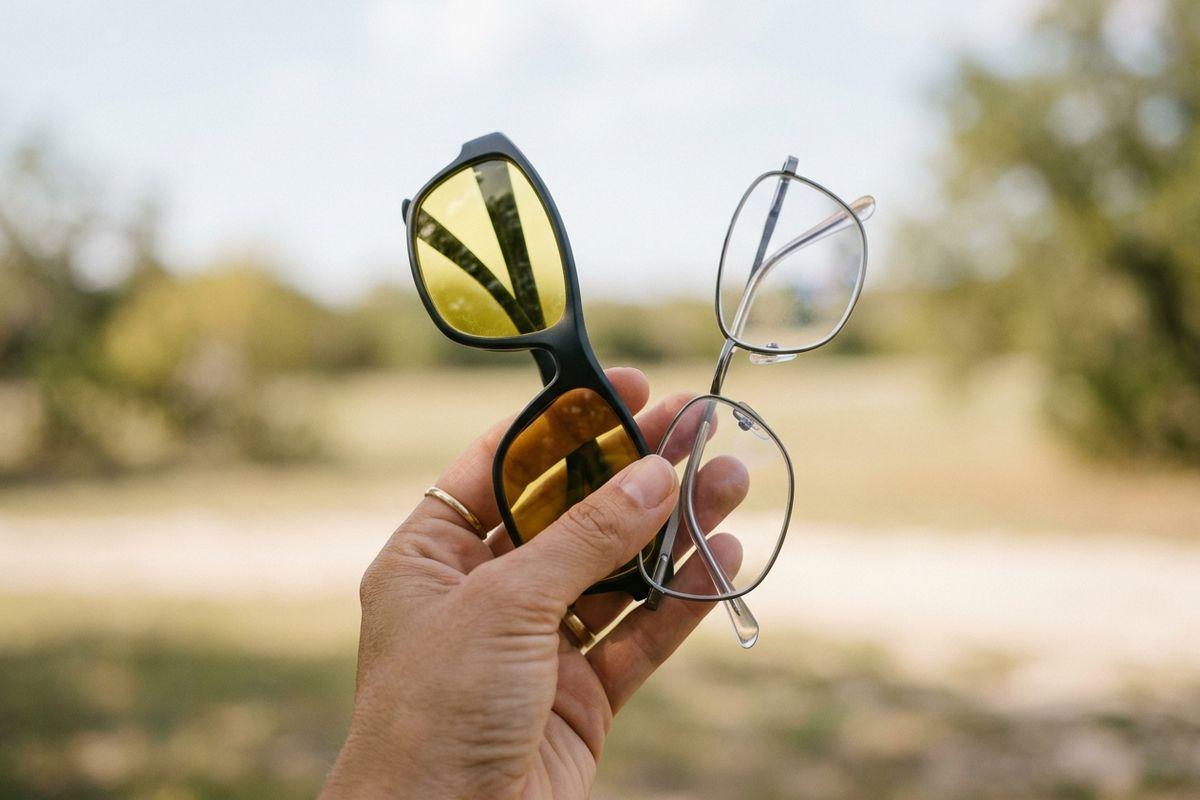 Hand holding black glasses with yellow-tinted lenses and silver wire-frame glasses with clear lenses outdoors, blurred trees and field behind.