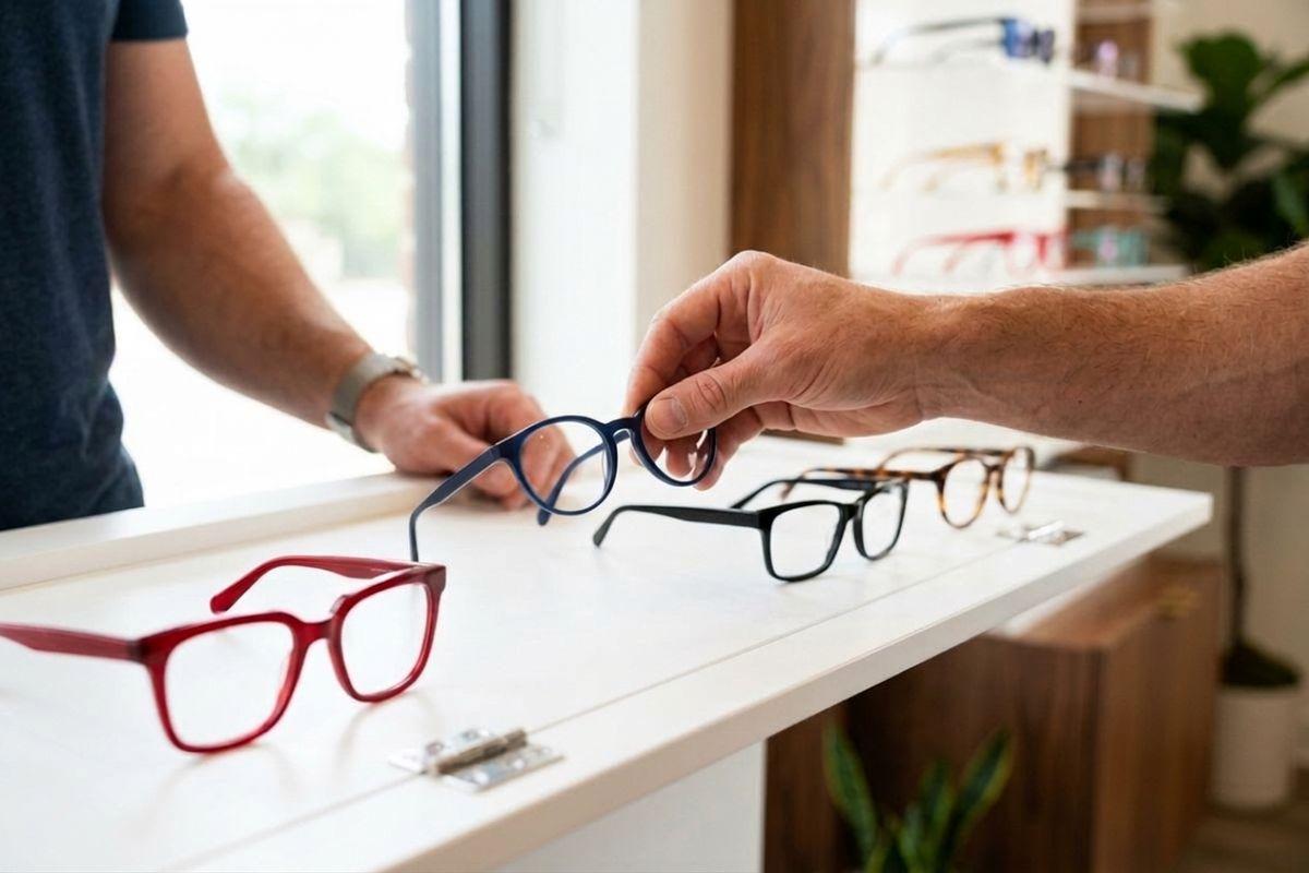 Hand holds out navy eyeglass frames to a person at a white counter with red, black, and tortoiseshell frames in an eyewear shop.