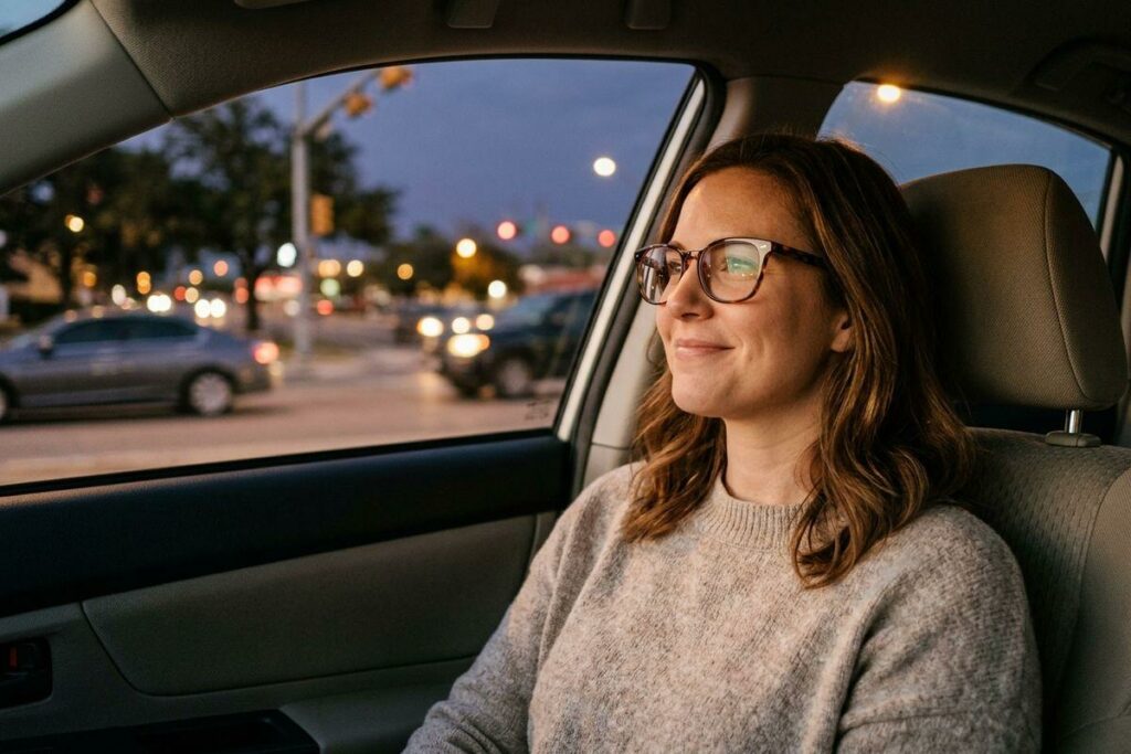Smiling adult with glasses sits in a car at dusk, with a city street, traffic lights, and cars blurred through the window.